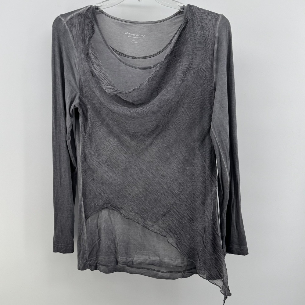 Soft Surroundings Gray Silk Overlay Asymmetrical‎ Long Sleeve Top Medium